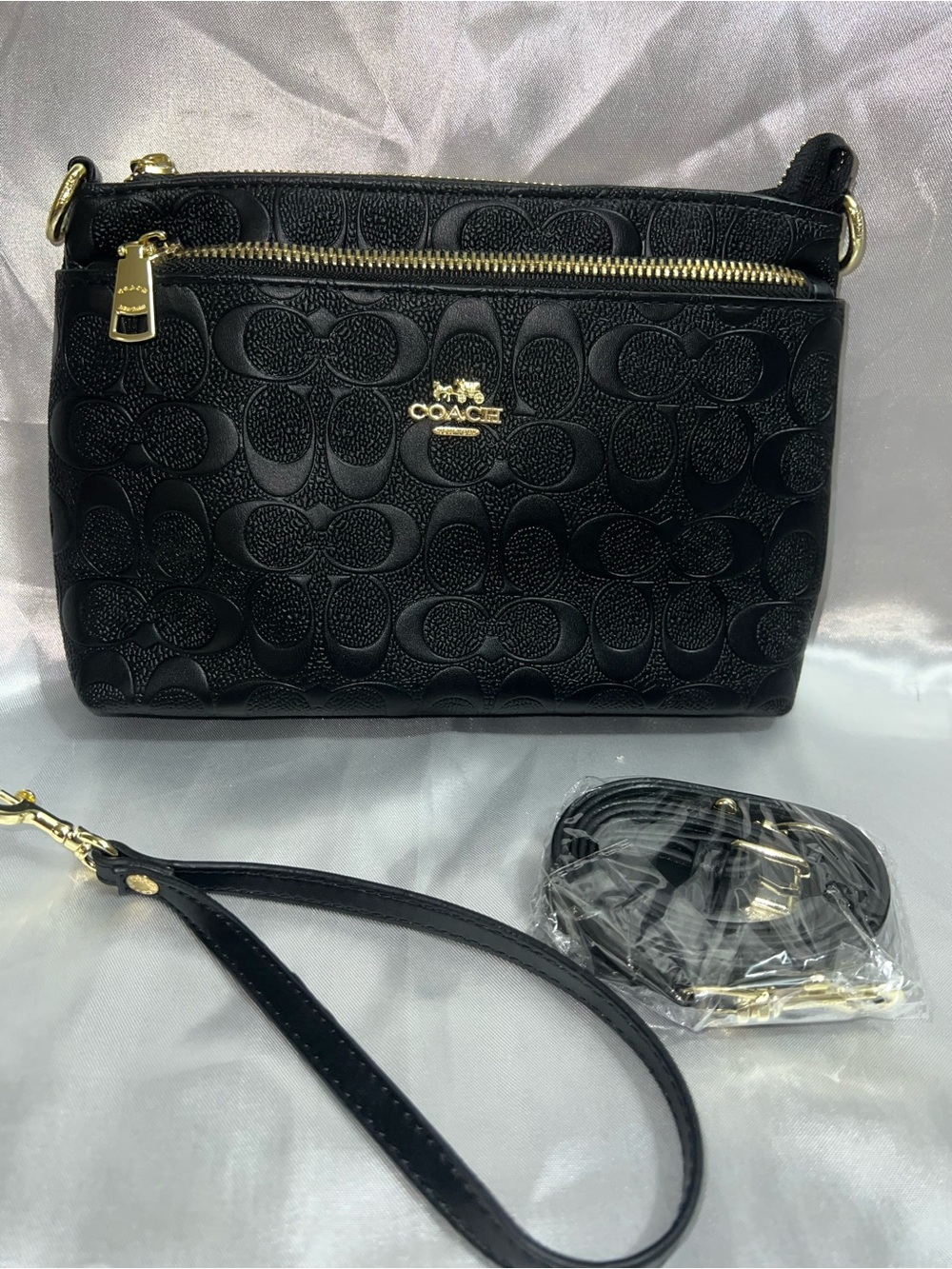 New Inspired Black Embossed Signature Crossbody with Gold Hardware